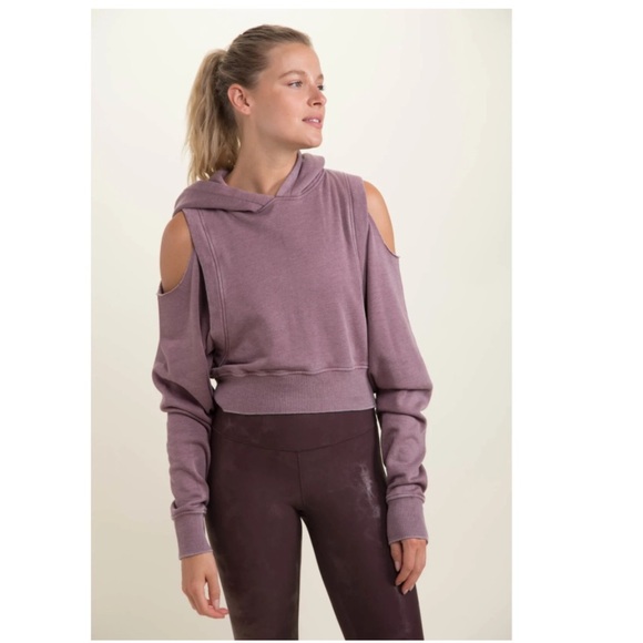 Mono B Hooded Open Shoulder Sweatshirt Size Small Mauve Long Sleeves Pullover - Picture 1 of 12